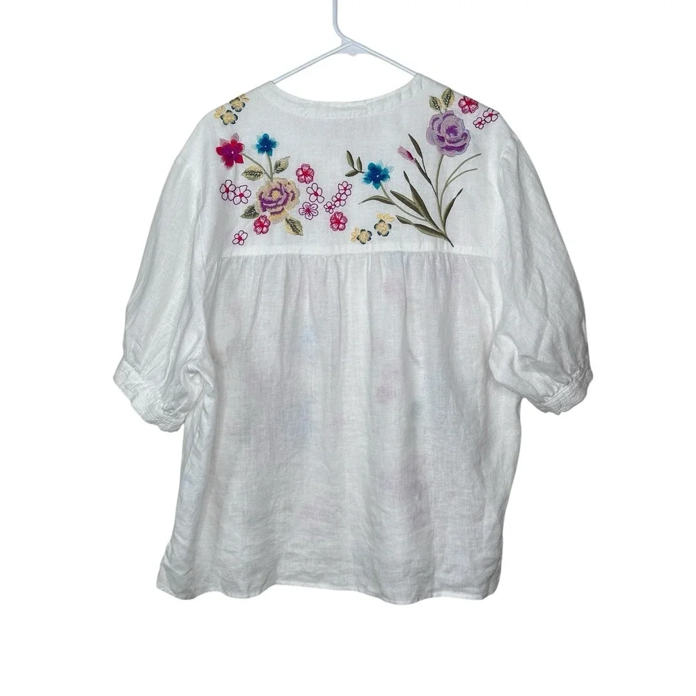 Johnny Was XL Jessi Shirred Yoke Blouse White Linen Embroidered Button Up Top - Picture 8 of 14